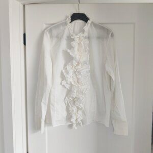 Ruffled White Cotton Lightweight Blouse w/ Mother of Pearl Buttons L/XL
